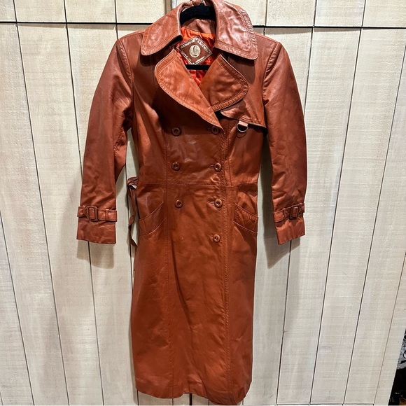 GENUINE LEATHER ARGENTINEAN RUST/BRICK COLOR LONG TRENCH SIZE 2 - Picture 1 of 8
